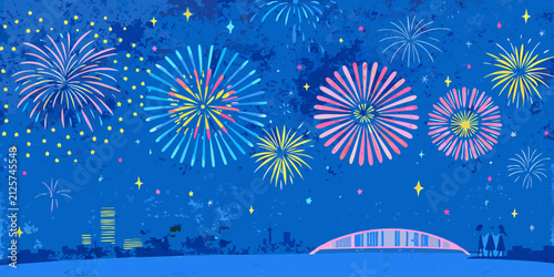 Canvastavla Colorful fireworks display vector illustration with a cityscape silhouette and a