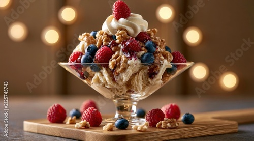 Glass dessert bowl filled with yogurt, granola, fresh raspberries, blueberries, and walnuts topped with whipped cream on a wooden board