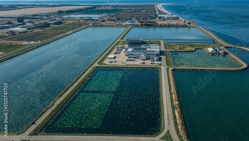 Coastal algae cultivation ponds and seawater basins by the shore