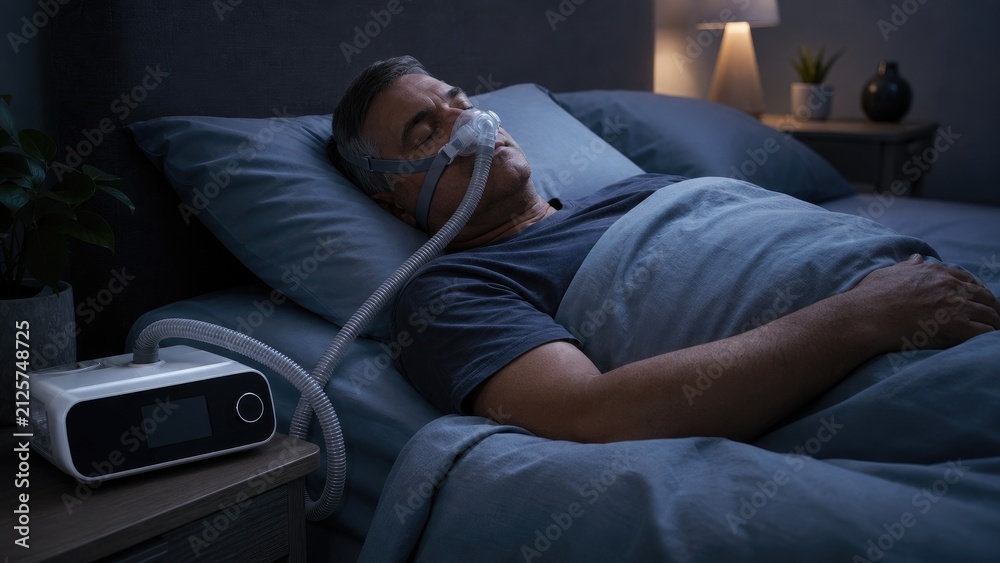 Fototapeta premium Middle-aged man sleeping at night using a CPAP machine and nasal mask for sleep apnea therapy