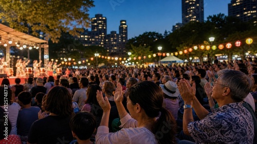 Evening outdoor concert crowd applauding near lit paper lanterns and a city skyline at a summer festival