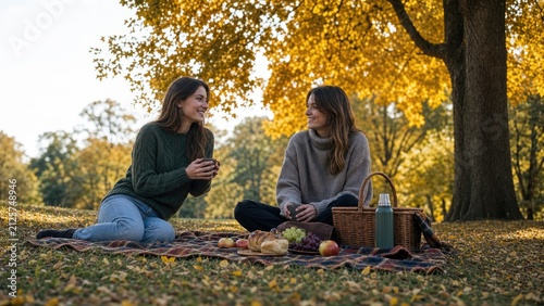 Two women in cozy sweaters enjoy a relaxed autumn picnic on a blanket under golden trees, sharing food and conversation in a leafy park