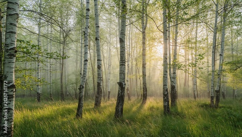 Birch trunks standing in tall golden green grass in early summer