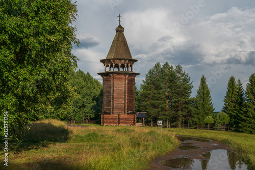 The bell tower from the village of Kuliga‑Drakovanovo of the Krasnoborsky District, in the Kargopol‑Onega sector of the Malye Korely Museum‑Reserve on a sunny summer day, Arkhangelsk Oblast, Russia