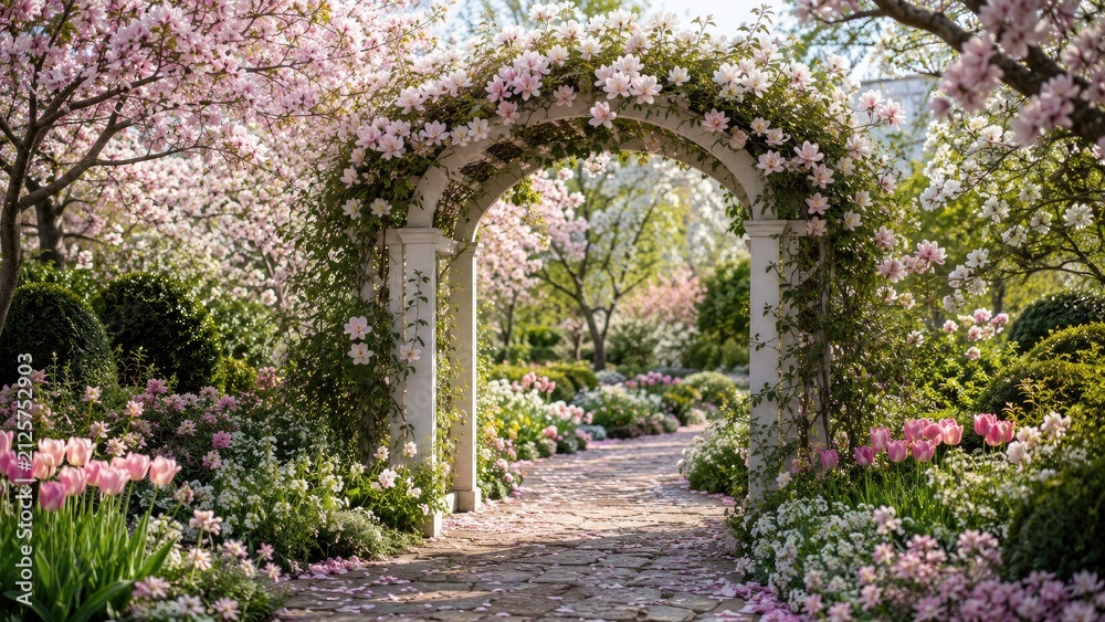 Obraz premium Romantic spring garden with a flower-covered stone arch, cobblestone path, blooming magnolias, tulips and lush flowering beds