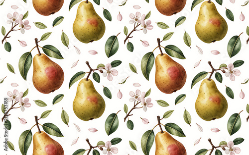 Seamless pattern with ripe yellow pears green leaves and small flowers in a vintage watercolor style for fabric design and wrapping paper illustration