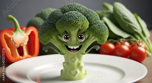 Joyful Broccoli Grins on Plate with Vibrant Veggies - Whimsical Food Art