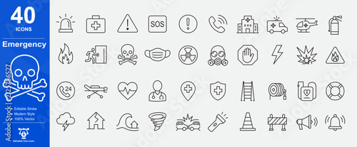 Web icons for emergencies in line style. Evacuation, SOS emergency call, ambulance, help, emergency hotline, exit, collection. Editable stroke. Vector illustration.