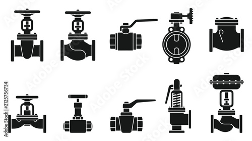 Industrial Pipe Valve Icon Set Featuring Ball Valves Gate Valves Check Valves and Safety Pressure Relief Mechanism Components for Plumbing Infrastructure