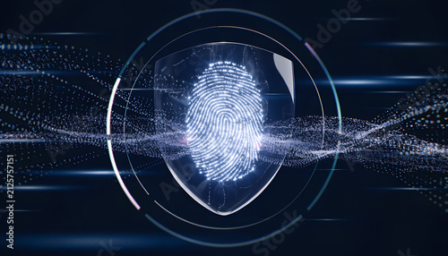 Futuristic Cyber Security Shield Concept with Glowing Biometric Fingerprint for Data Privacy