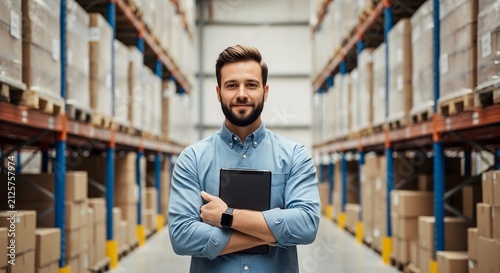 Confident warehouse manager holding digital tablet inside modern distribution center