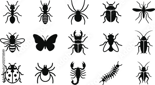 Bild auf Leinwand Set of Various Insects and Arachnids Silhouette Icons.