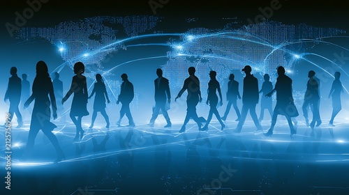 Worldwide labor migration, diverse professional silhouettes walking between illuminated continents