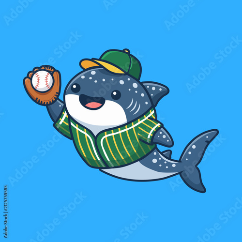 Obraz na płótnie Cute whale shark baseball fielder vector illustration in cartoon style, catching