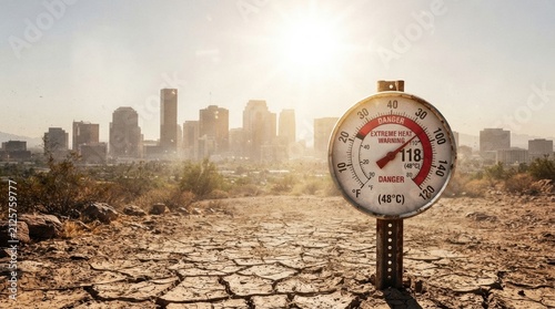 Heat warning in Phoenix shows high temperature on a thermometer against a city skyline
