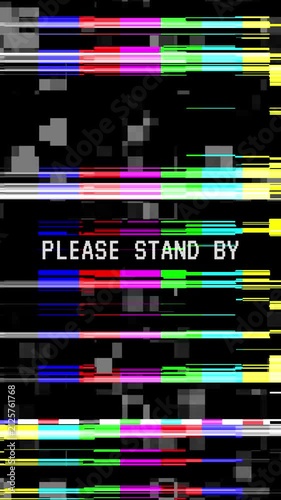 Please stand by color bars with horizontal noise glitch and no signal screen. Dark aesthetic glitch screen with horizontal scanlines and streaks of neon colors over the test pattern.