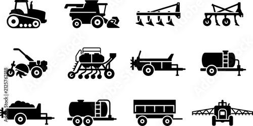 Foto Set of agricultural machinery and farming equipment vector icons.