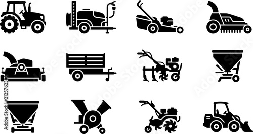 Quadro su tela Set of farming and agricultural machinery icons in solid black silhouette style