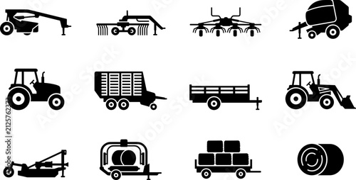 Canvastavla Set of agricultural machinery icons for farming and harvesting operations
