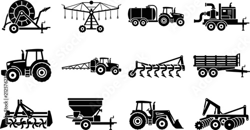 Foto Set of black agricultural machinery and farming equipment icons.