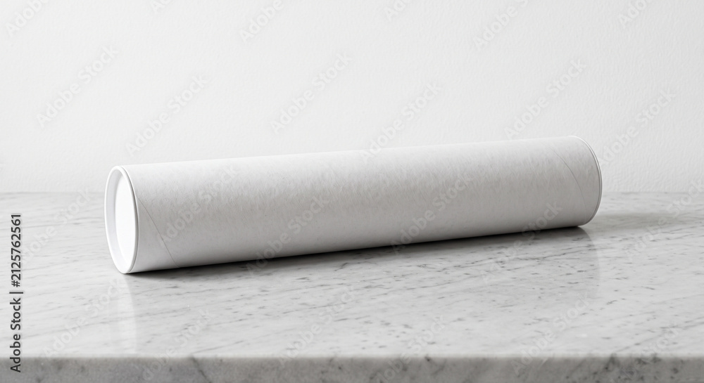 Obraz premium White cardboard tube with a cap lying horizontally on a marble surface against a plain white wall with copy space