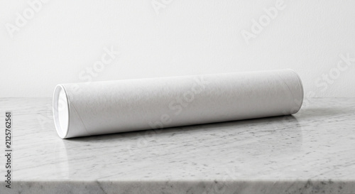 White cardboard tube with a cap lying horizontally on a marble surface against a plain white wall with copy space