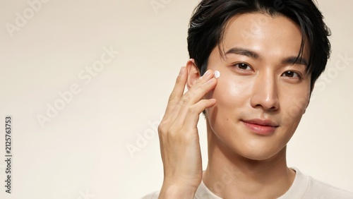 Young asian man applying skincare cream on his face