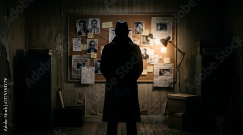 Silhouette of a detective wearing a hat looking at a crime board in a dark room.