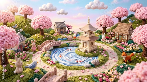 Handmade Yarn Art Knitted Spring Landscape Diorama with Pagoda, Cherry Blossom Trees, and Cute Animals