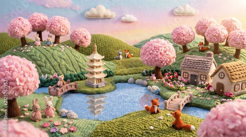 Handmade Yarn Art Knitted Spring Landscape Diorama with Pagoda, Cherry Blossom Trees, and Cute Animals