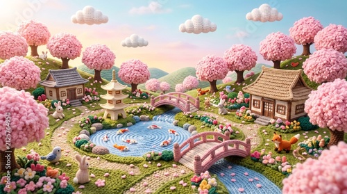 Handmade Yarn Art Knitted Spring Landscape Diorama with Pagoda, Cherry Blossom Trees, and Cute Animals