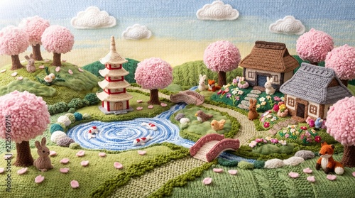 Handmade Yarn Art Knitted Spring Landscape Diorama with Pagoda, Cherry Blossom Trees, and Cute Animals