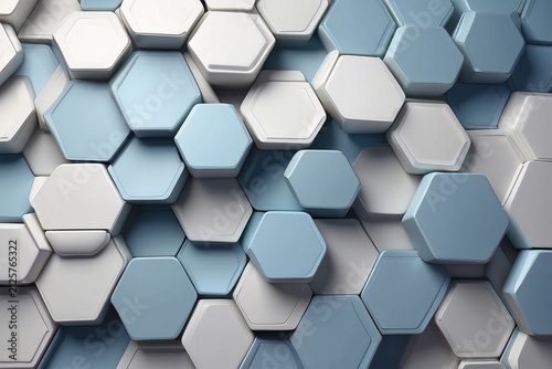 Futuristic 3D geometric hexagon backdrop with blue and white interlocking tiles