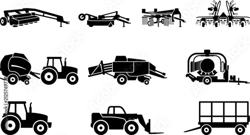 Bild auf Leinwand Set of black agricultural machinery and farming equipment silhouettes