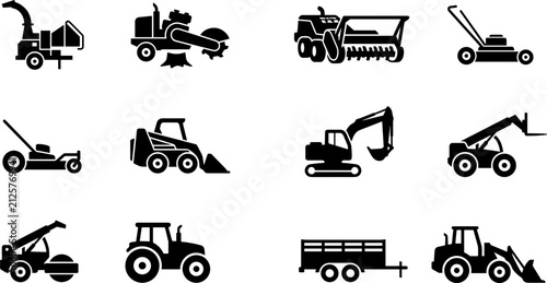 Canvastavla Collection of black silhouettes of agricultural machinery and construction vehicles