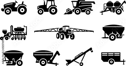 Foto Set of agricultural machinery and farming equipment icons.