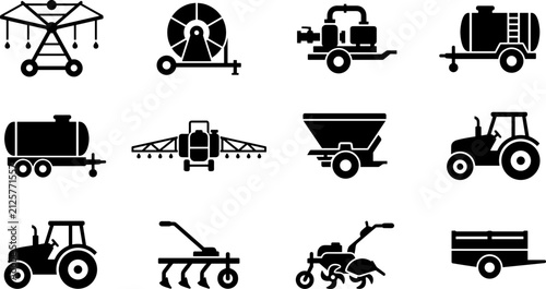 Foto Set of black silhouette agricultural machinery and farming equipment icons