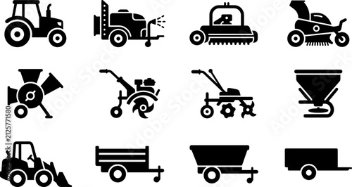 Foto Set of agricultural and farming machinery icons.