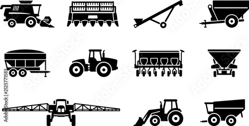 Konstfotografi Set of agricultural machinery icons and farm equipment silhouettes