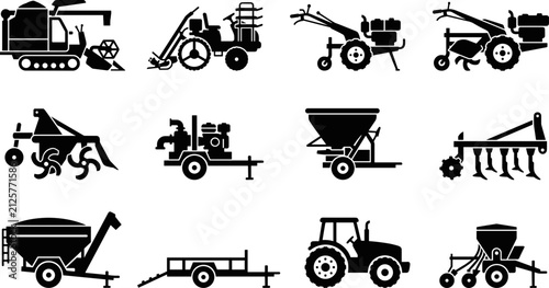 Canvastavla Set of black silhouette icons representing agricultural machinery and farming equipment