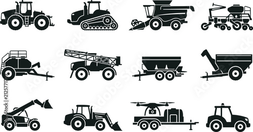 Konstfotografi Set of agricultural machinery and farming equipment silhouettes.