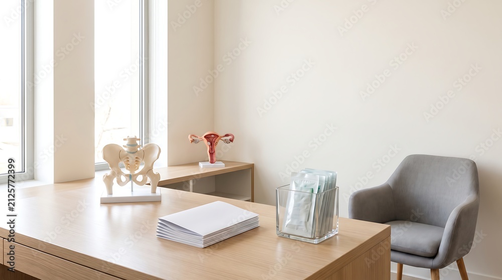 Fototapeta premium Modern gynecologist office with anatomical models on a wooden desk.