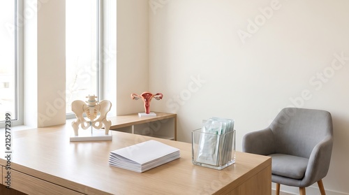 Modern gynecologist office with anatomical models on a wooden desk.