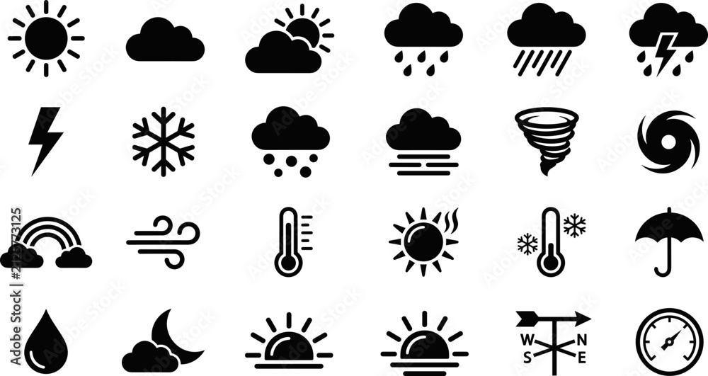 Obraz premium Set of black weather icons for forecast and climate interface.