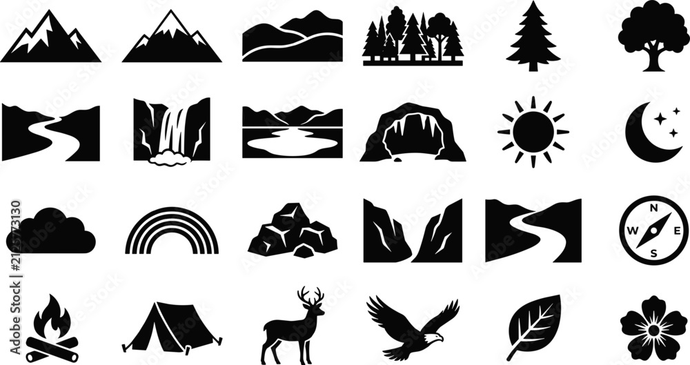 Obraz premium Set of Nature and Outdoor Adventure Solid Black Icons.