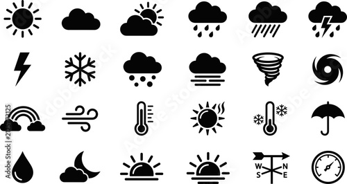 Foto Set of black weather icons for forecast and climate interface.