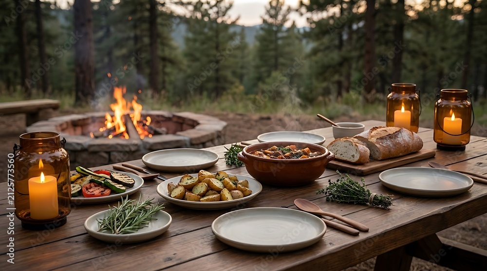 Fototapeta premium Delicious dinner served on a wooden table outdoors with a cozy fire pit in the evening. campfire dinner setup