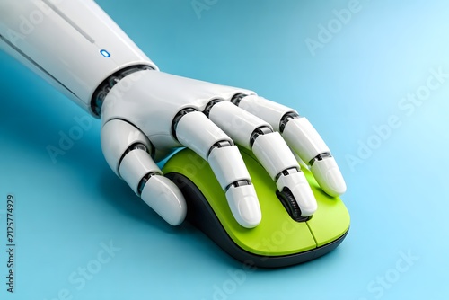 White Robotic Hand Using a Bright Green Computer Mouse on a Minimalist Blue Desk Surface
