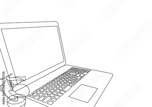 一筆書き風の繊細な線画で描かれたノートパソコンと観葉植物・ラインアートのノートPCとデスク周り・リモートワークやオフィスワーク