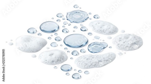 Clear water droplets and white foam on surface.